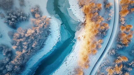 Aerial top view of snow road in the winter time and a blue river