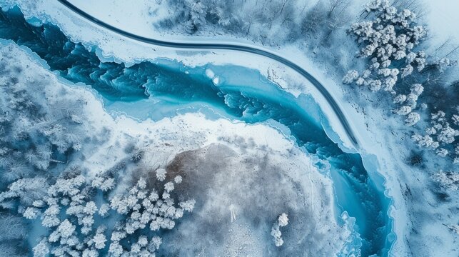 Aerial top view of snow road in the winter time and a blue river