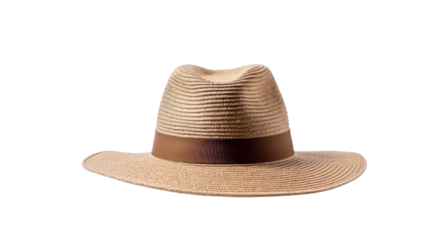 Brown wide brim straw hat with white scree isolate on white background.