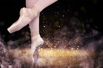 Perfection in ballet. Woman in pointe shoes dancing on black background, closeup. Smoke and...