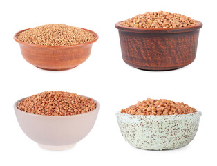 Buckwheat grains in bowls isolated on white, set