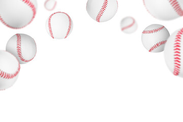 Many baseball balls falling on white background