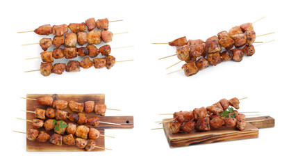 Delicious shish kebabs isolated on white, set