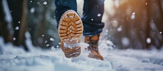 Man kicks snow wearing winter boots.