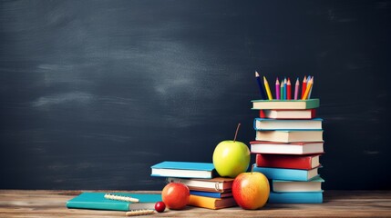 Back to school essentials: colorful school backpack, books, and supplies against blackboard background - education concept