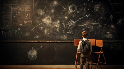 Curious young photographer capturing moments with a camera in front of a blackboard
