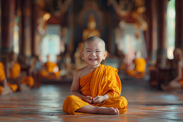Portrait of smiling Buddhist monk baby sitting in lotus pose in temple