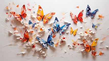 Butterflies flying with oil paints. Gorgeous white background


