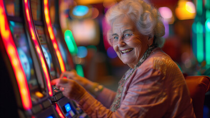 Obraz premium Joyful Senior Woman at the Slot Machine