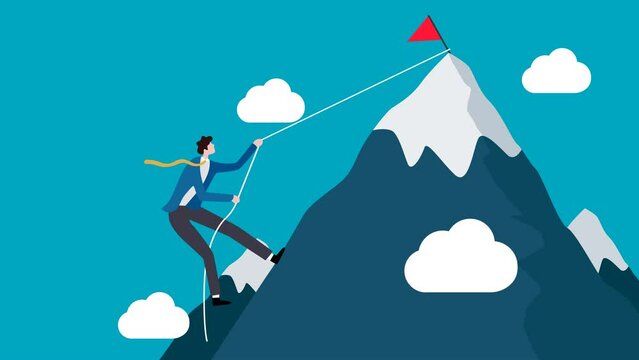 Animated Male Character Climb a Mountain to the sky. describes the process for achieving the ultimate goal of business success