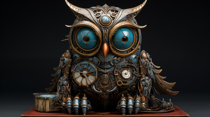 Fototapeta premium Mechanical Metal Bronze Owl sitting on a Book