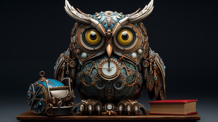 Fototapeta premium Mechanical Metal Bronze Owl sitting on a Book