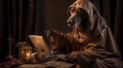 A Dog reading a book in library