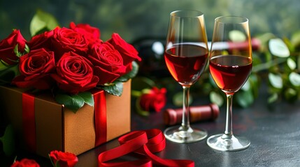 red flower roses next to a wine gift box two wine glasses holding wine Valentine's or woman day Ai generated