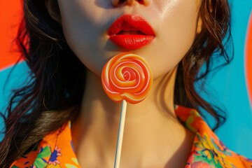 A woman with red lipstick holds a swirl orange lollipop, with a bright blue and orange background. - obrazy, fototapety, plakaty
