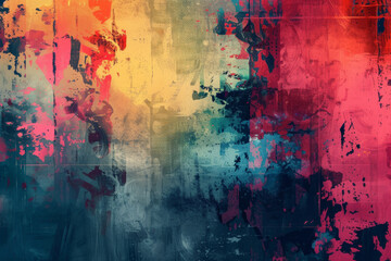 Abstract grunge-style canvas painting with a dynamic blend of red, blue, and golden brushstrokes and splatters.