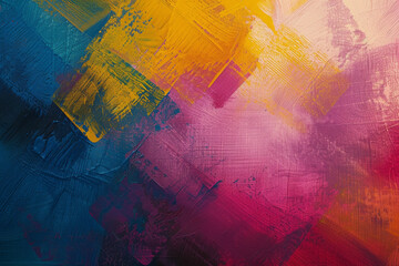Vivid abstract painting with angular brushstrokes in contrasting colors of blue, pink, and yellow on a canvas.
