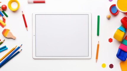 Flat lay of digital tablet with colorful school supplies frame on white background - online learning concept