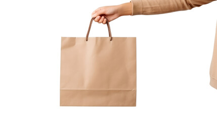 Close up female holds in hand brown clear empty blank craft paper bag isolated on transparent and white background.PNG image.