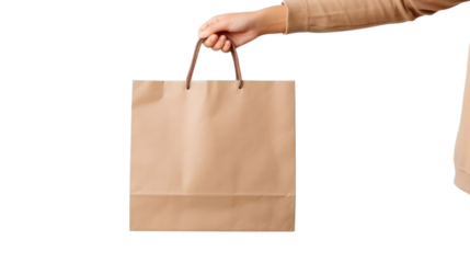 Close up female holds in hand brown clear empty blank craft paper bag isolated on transparent and white background.PNG image.
