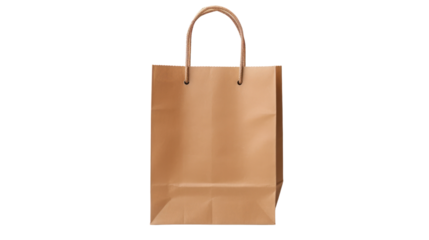 Close up female holds in hand brown clear empty blank craft paper bag isolated on transparent and white background.PNG image.