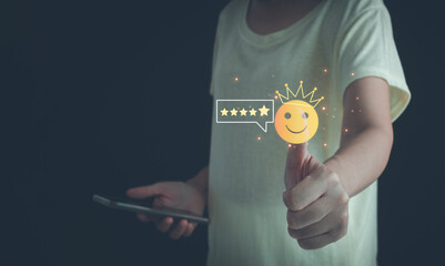 Woman show thumbs up to positive feedback, satisfaction, OK gesture, Excellent or good review...