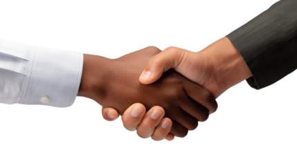 Closeup picture of a man and woman shaking hands isolated on transparent and white background.PNG image.