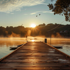 Lakeside Wakeboarding Spot at Sunrise: Calm Morning Waters