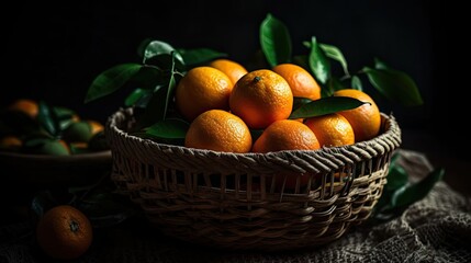 Fresh Orange Fruits in a bamboo basket with blur background