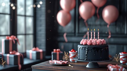 birthday party with black cake and balloon, luxury decoration