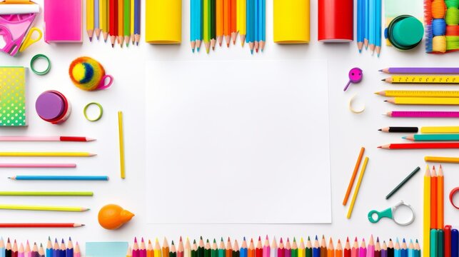 Back-to-school essentials: colorful assortment of supplies on a clean white background - educational image for design projects