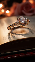 Golden ring on a book page with warm light and a rose in the background.