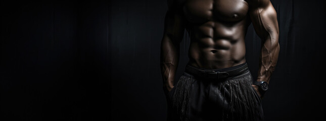 Fototapeta na wymiar Torso of a muscular man in black pants against a dark background highlighting his abs.