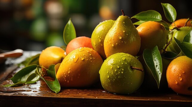 delicious fresh mangoes fruits with black and blur background