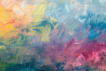 An abstract painting with chaotic brush strokes in shades of yellow, green, blue, and pink.