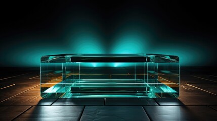 glass podium product stand or display with modern style, blur background and cinematic light