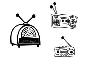 Set of retro music players,  vintage radio. Hand drawn illustration