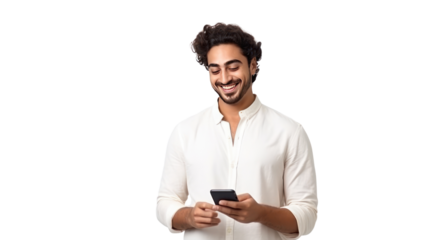 Confident positive handsome indian or arabian young man, holding smartphone isolated on transparent and white background.PNG image.
