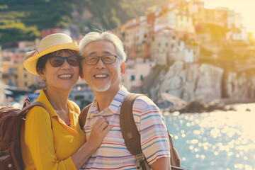 Obraz premium Beautiful Asian senior couple having fun while visiting small Italian town on sunny summer day. Elderly man and woman posing on city street.