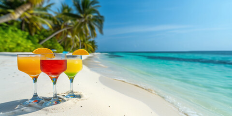 Fresh colorful exotic fruit cocktails on a backdrop of tropical beach. Banner with copy space, alcoholic beverages on palm trees and ocean background.