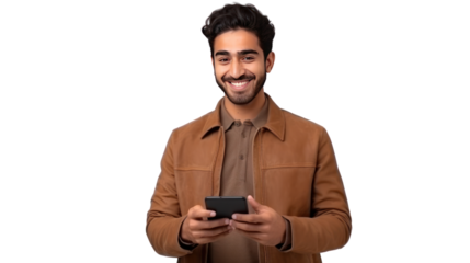 Confident positive handsome indian or arabian young man, holding smartphone isolated on transparent and white background.PNG image.