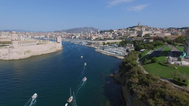 Cityscape with vessels sail by Avant port Joliette to Veux port 