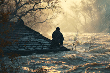 Person Contemplating Flood from Roof.