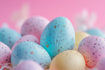 Fototapeta na wymiar Easter eggs colored in pastel colors to celebrate Easter. Painted eggs postcard.