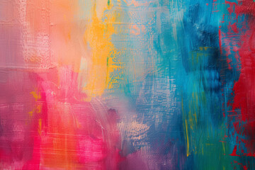 Colorful abstract painting with vibrant brushstrokes in pink, blue, and yellow against a textured canvas.