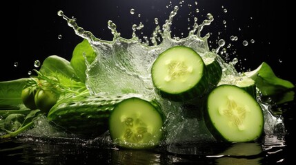 fresh green cucumber splashed with water on black and blurred background