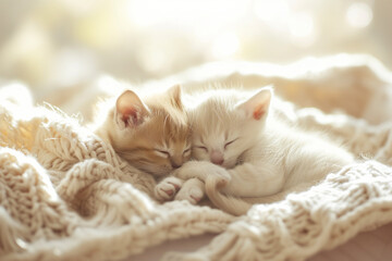 Two cute fluffy white and grey kittens sleeping in soft cozy blanket on sunny day. - Powered by Adobe