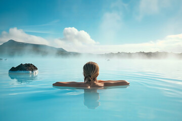 Young woman enjoying spa in hot springs in Iceland. Beautiful girl having fun in thermal bath on a backdrop of scenic Icelandic nature. - obrazy, fototapety, plakaty