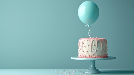 cute and sweet birthday cake with balloon in baby blue color for birthday banner, party celebration...
