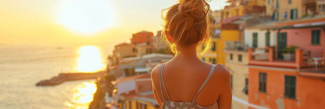 Back view of beautiful young woman admiring scenery while visiting small southern European town on sunny summer day. Banner with young female travelling alone.